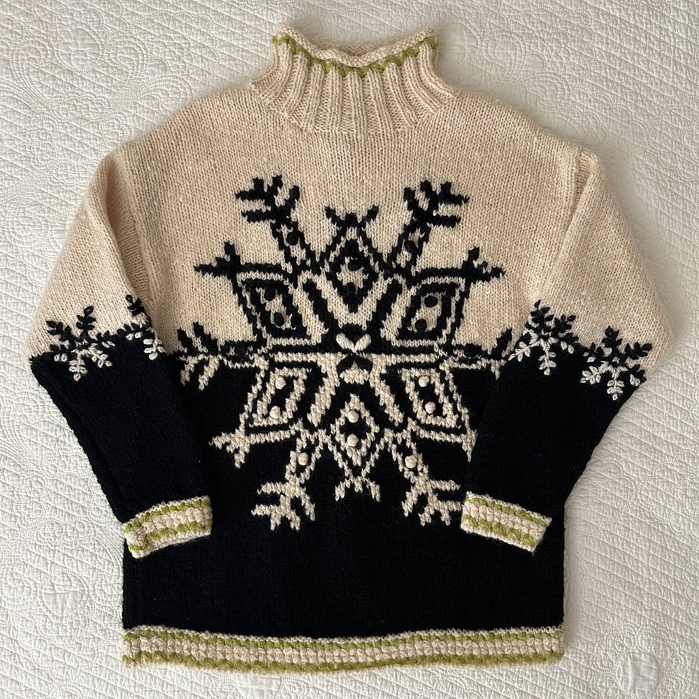 Express Tricot Vintage 90s Wool Sweater Black Cream Snowflake Ski Women’s